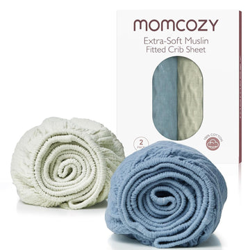 Momcozy Muslin Fitted Mini Crib Sheets, 38"X26", 2 Pack Soft Breathable Natural Cotton Baby Mattress Sheet, 360° Mattress Wrapping No Slip Boys Girls Neutral Toddler Bed Sheet, Grey Blue