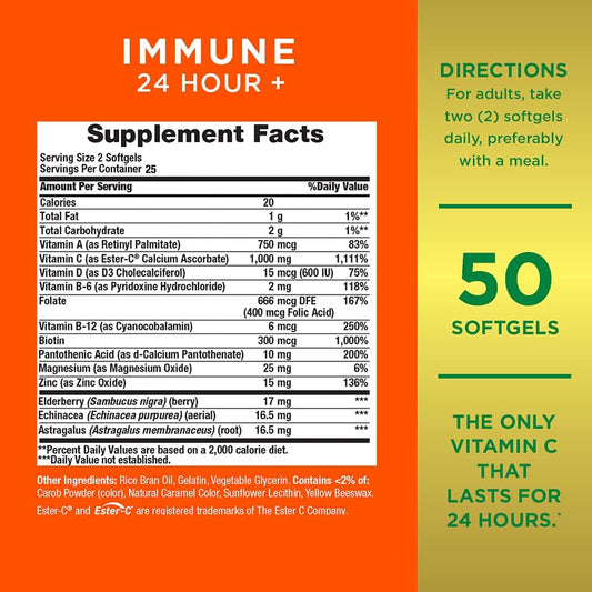 Nature'S Bounty Immune 24 Hour +, The Only Vitamin C With 24 Hour Immune Support From Ester C, Rapid Release Softgels, 50 Count