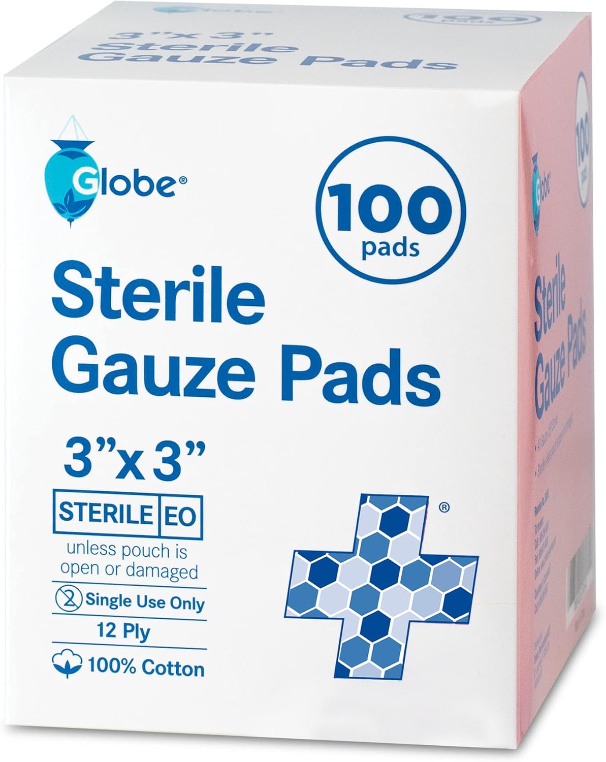 Globe 3’’ X 3’’ Advanced Sterile Gauze Pads For Wound Dressing| 100-Pack, Individually Packed | 12-Ply Cotton & Highly Absorbent| Gauze Sponge-Pads For Wound Care & Home First Aid Kits (3 X 3)