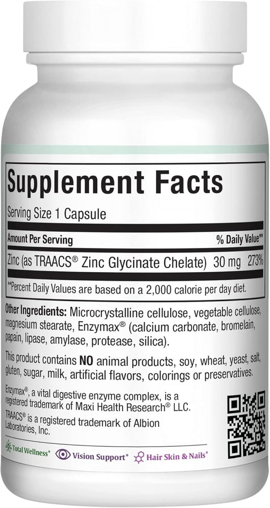 Zinc 30 - Zinc Vitamin With Enzymax For Enhanced Absorption - Highest Potency Immune Support - Glycinate Chelated Zinc Supplements For Adults - Zink Vitaminas - Kosher Made In Usa - 100 Count Capsules