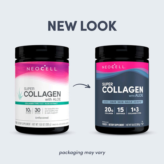 Neocell Super Collagen With Aloe; Collagen Type 1 And 3; Supports Healthy Hair, Skin And Nails; Gluten Free; Unflavored Powder; 10 G Collagen/Serving; 30 Servings; 10.6 Oz