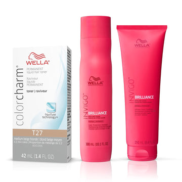 Wella Color Charm Invigo Brilliance Color Protection Shampoo & Conditioner, For Fine Hair + Hair Toner, Neutralize Brass, T27 Medium Beige Blonde