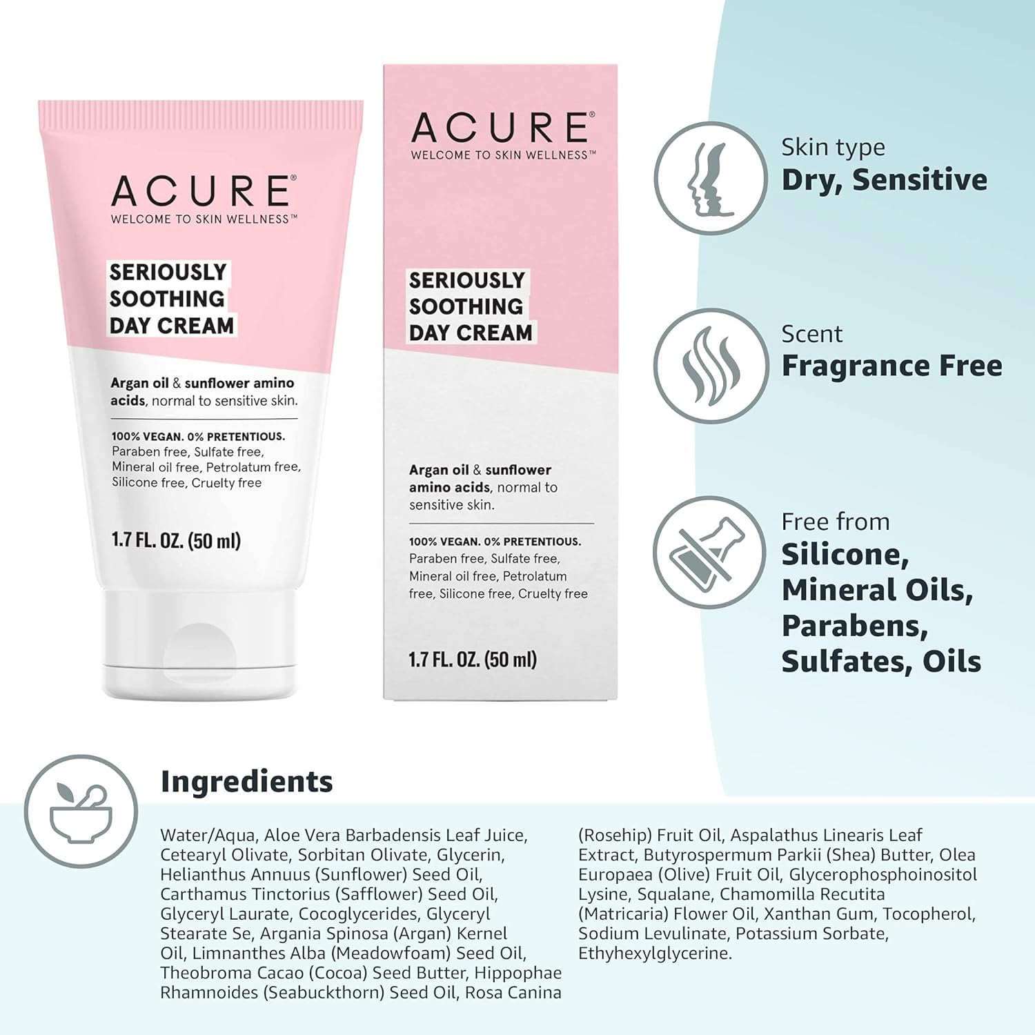 Acure Seriously Soothing Day Cream - Daily Hydrating Facial Cream - Moisturizer for Dry to Sensitive Skin from Argan Oil & Sunflower Amino Acids with Organic Chamomile - Vegan, Unscented - 1.7 Fl Oz : Beauty & Personal Care