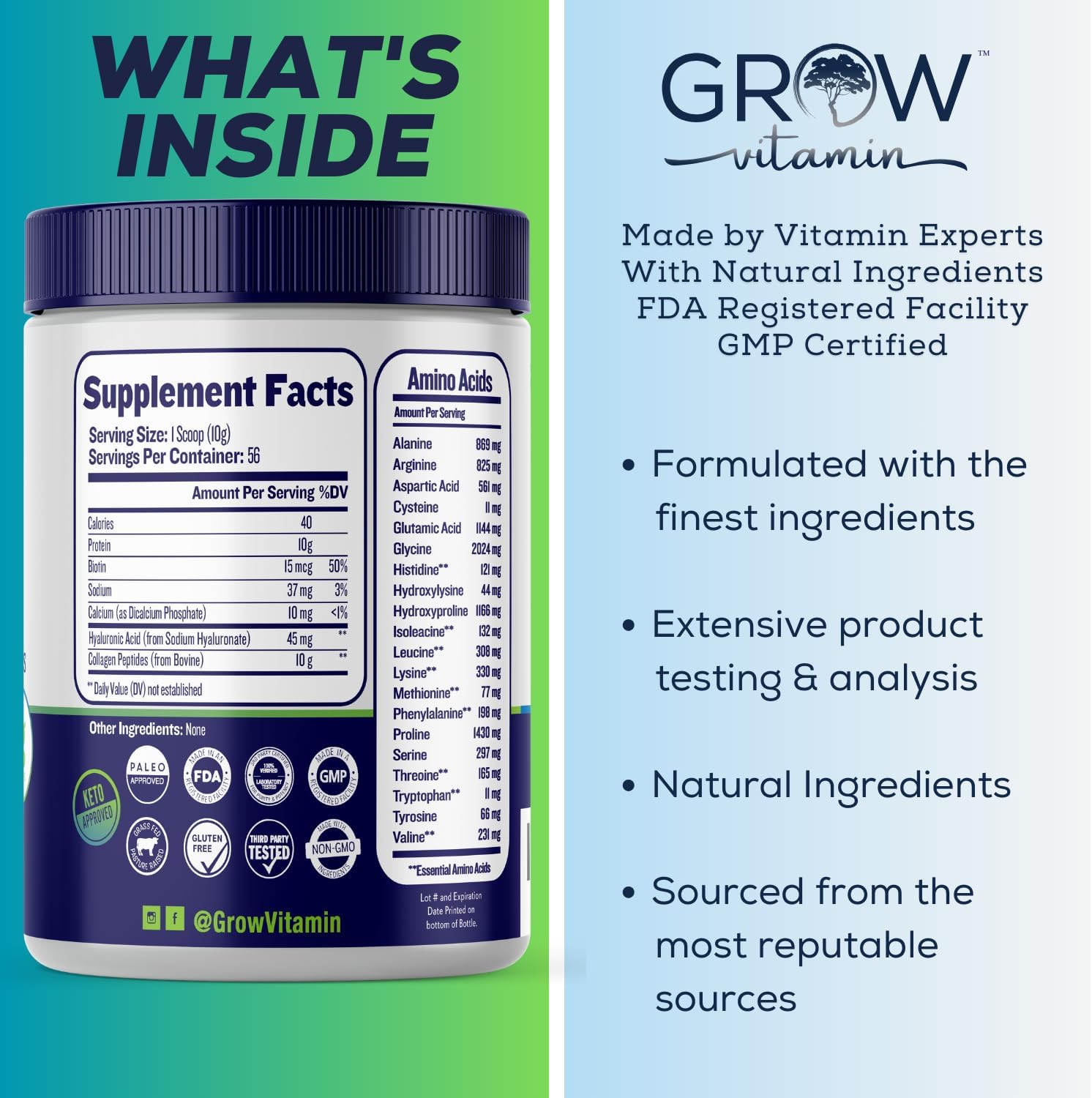 Collagen Peptides Powder 20G With Hyaluronic Acid & Biotin - Unflavored Grass Fed Collagen Powder With Hydrolyzed Type I & Iii Collagen Supplements - Hair, Nail, Skin & Joint Support - 56 Servings : Health & Household