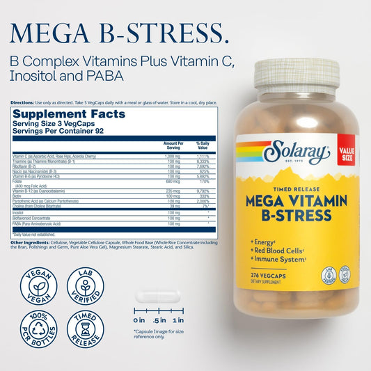 Solaray Mega Vitamin B Stress And Passion Flower Bundle - Timed Release Vitamin B Complex With Vitamin C - Energy, Mood And Immune Support With B6, B12, Plus Soothing Herbal Support, Vegan, 276/100Ct
