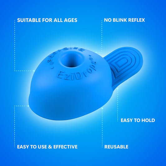 Ezidrops Eye Drop Dispenser - Suitable For Wide/Flat Head Bottles Only - No More Involuntary Blinking And Fluids Wastage! - Reusable Easy Eye Drop Applicator From Young Children To Elderly (Blue)