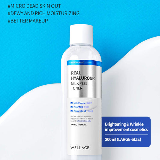 Wellage Real Hyaluronic Milk Peel Toner 300Ml (10.1 Fl.Oz), Sensitive Skin Toner With Hyaluronic Acid, Dead Skin Softening And Waste Removal, Moisturizing Face Exfoliator With Pha And Aha