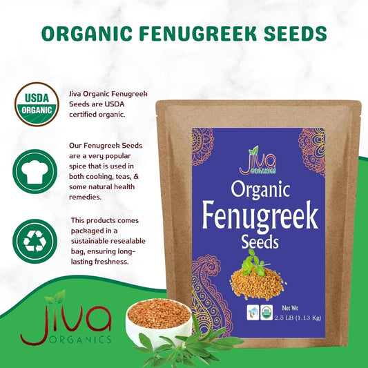 Jiva Organic Fenugreek Seeds 2.5 LB Bulk - As Seen On Tik Tok - Whole Methi Seeds - Non GMO, Non-Irradiated, Gluten Free - (Fenogreco En Semillas)