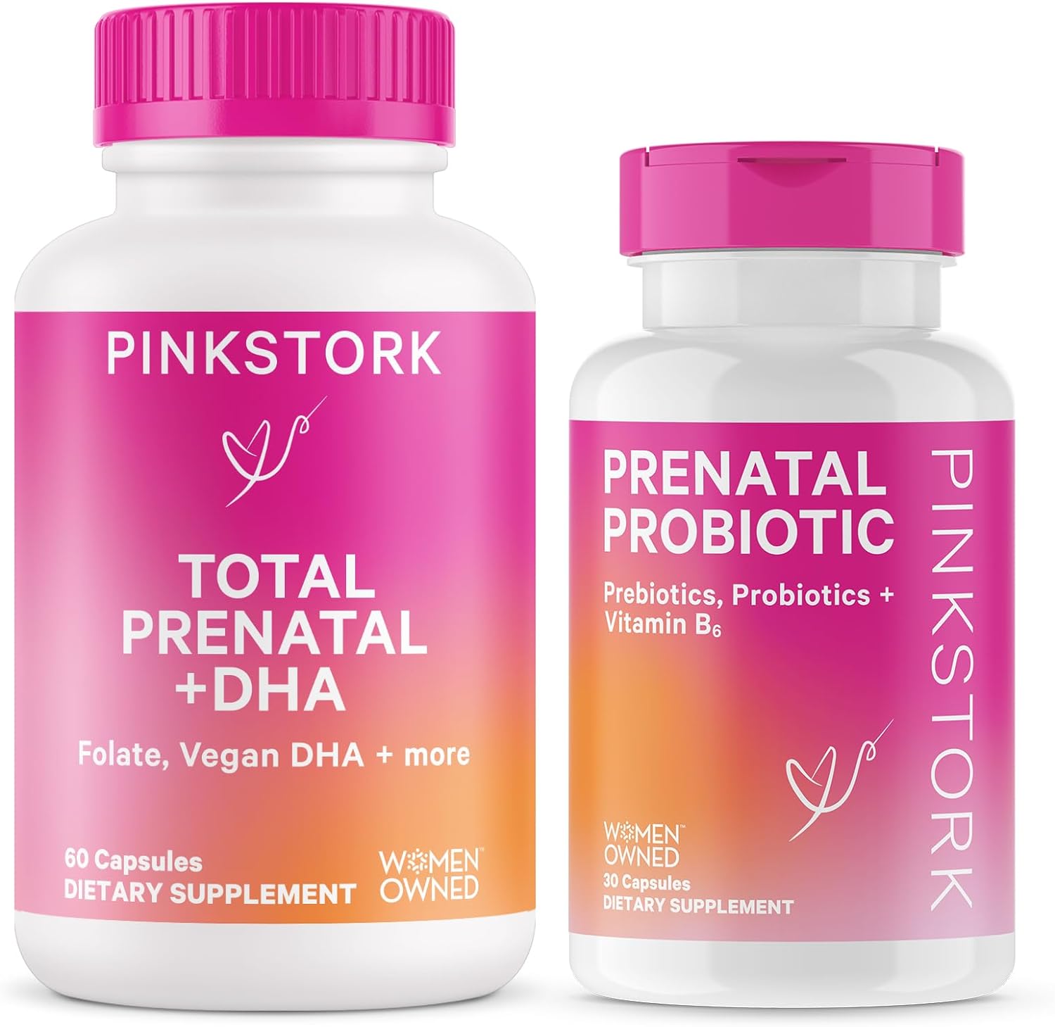 Pink Stork Prenatal Vitamin Duo: Prenatal Vitamins And Probiotics For Pregnant Women -Morning Sickness And Fetal Development Support With Dha, Folate, Vitamin B6, And More - 2 Products, 90 Capsules