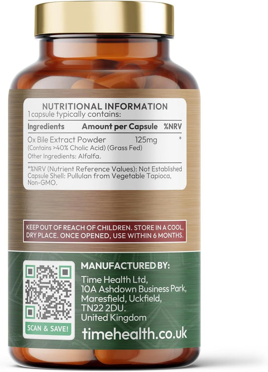 Ox Bile Acid Salts - 125Mg X 120 Capsules - Premium Grass Fed Source - Gallbladder & Gallstones Support - Ultra Pure Pharmaceutical Grade - Uk Made - Gmp - Additive Free