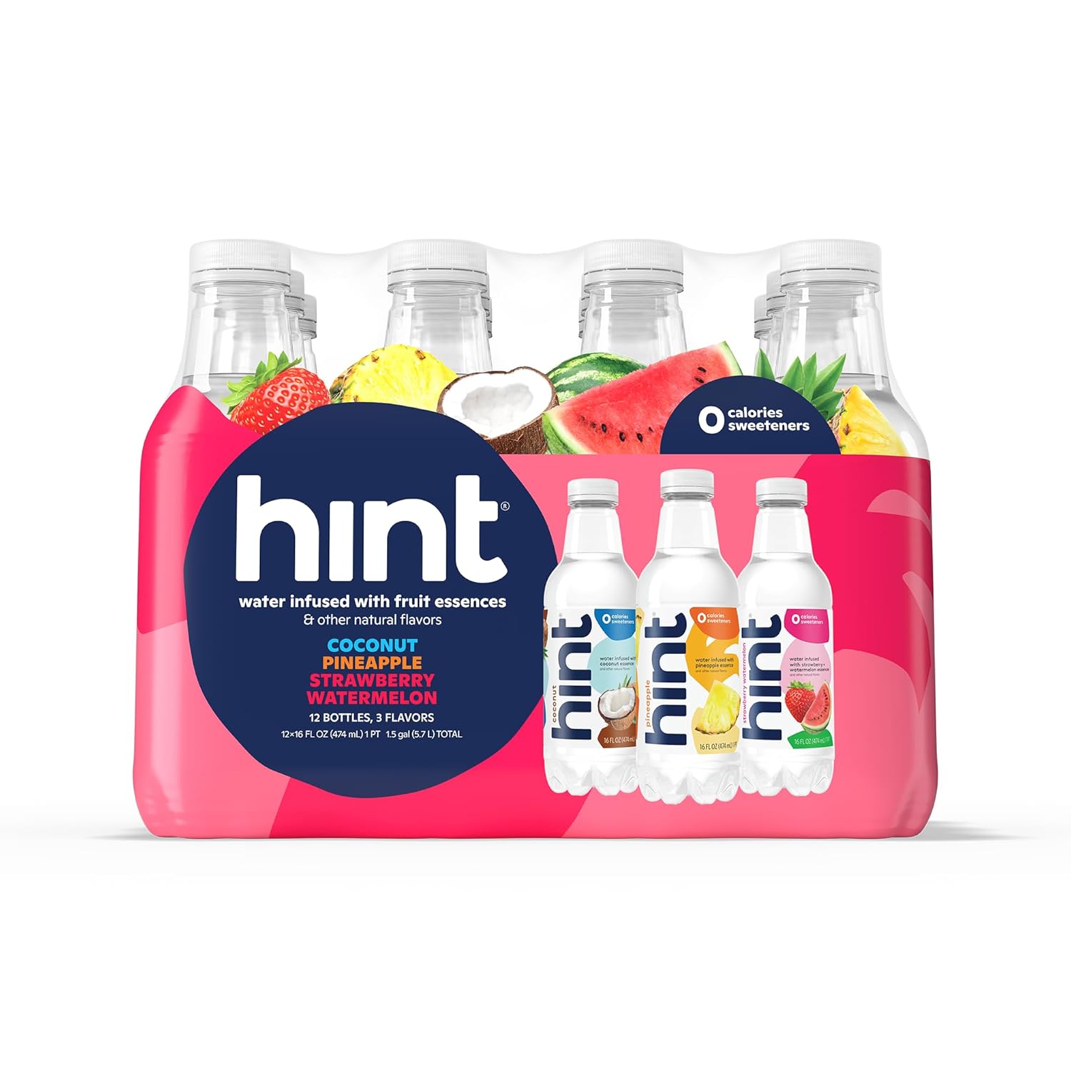 Hint Water Tropical Variety Pack, 4 Bottles Each Of: Coconut, Pineapple, And Strawberry Watermelon, Zero Calories, Zero Sugar And Zero Sweeteners, 16 Fl Oz, (Pack Of 12)