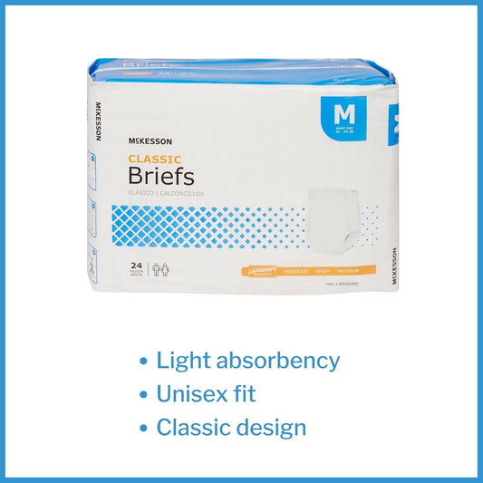 Mckesson Classic Briefs, Incontinence, Light Absorbency, Medium, 24 Count, 1 Pack