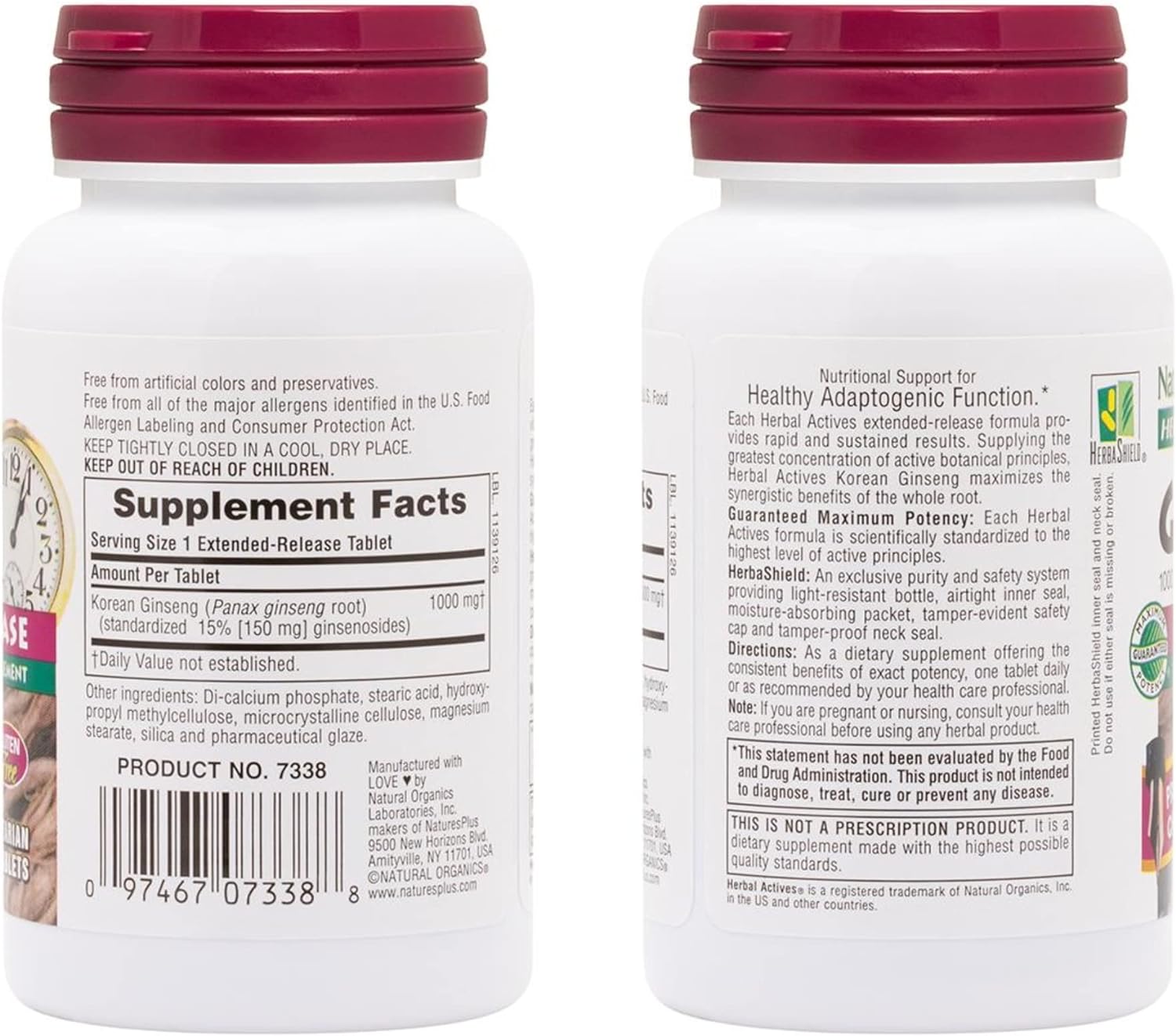 NaturesPlus Herbal Actives Korean Ginseng, Extended Release - 1000 mg, 30 Vegan Tablets - Adaptogenic Herbal Supplement, Antioxidant - Vegetarian, Gluten-Free - 30 Servings : Health & Household