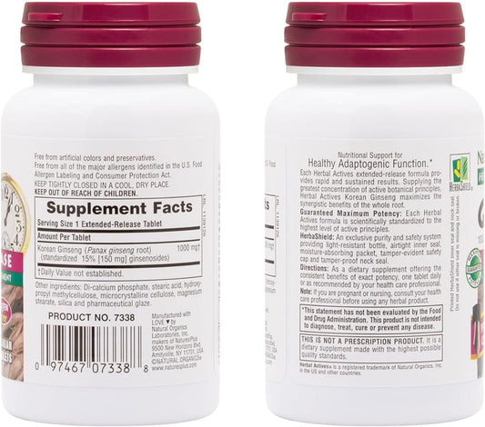 NaturesPlus Herbal Actives Korean Ginseng, Extended Release - 1000 mg, 30 Vegan Tablets - Adaptogenic Herbal Supplement, Antioxidant - Vegetarian, Gluten-Free - 30 Servings : Health & Household