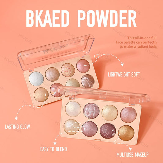 Kyda 8-Color Baked Palette, Multiuse Baked Eyeshadow, Highlighter, Contour, High Gloss Pigment, Lightweight Soft Powder, Buildable Blendable Natural Look, Rose Gold