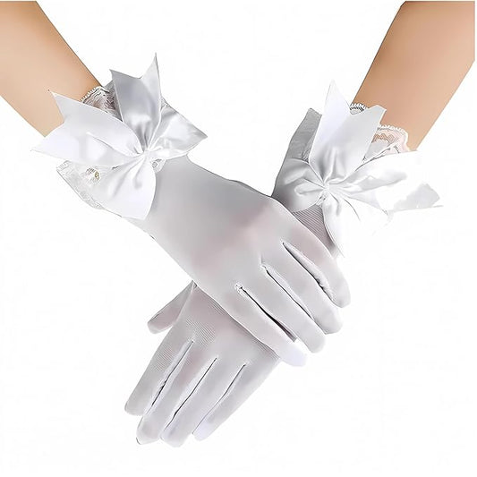 VALUEVIBES Lace Gloves for Women – Elegant Short Bridal Gloves with Butterfly Bow Design | Black & White Net Mittens for Wedding, Party