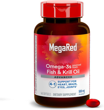 MegaRed Omega 3 Fish Oil Supplement + Krill Oil 500mg, Advanced 4in1 EPA & DHA Omega 3 Fatty Acid Softgels (140cnt bottle), Phospholipids, Supports Brain Eye Joint & Heart Health