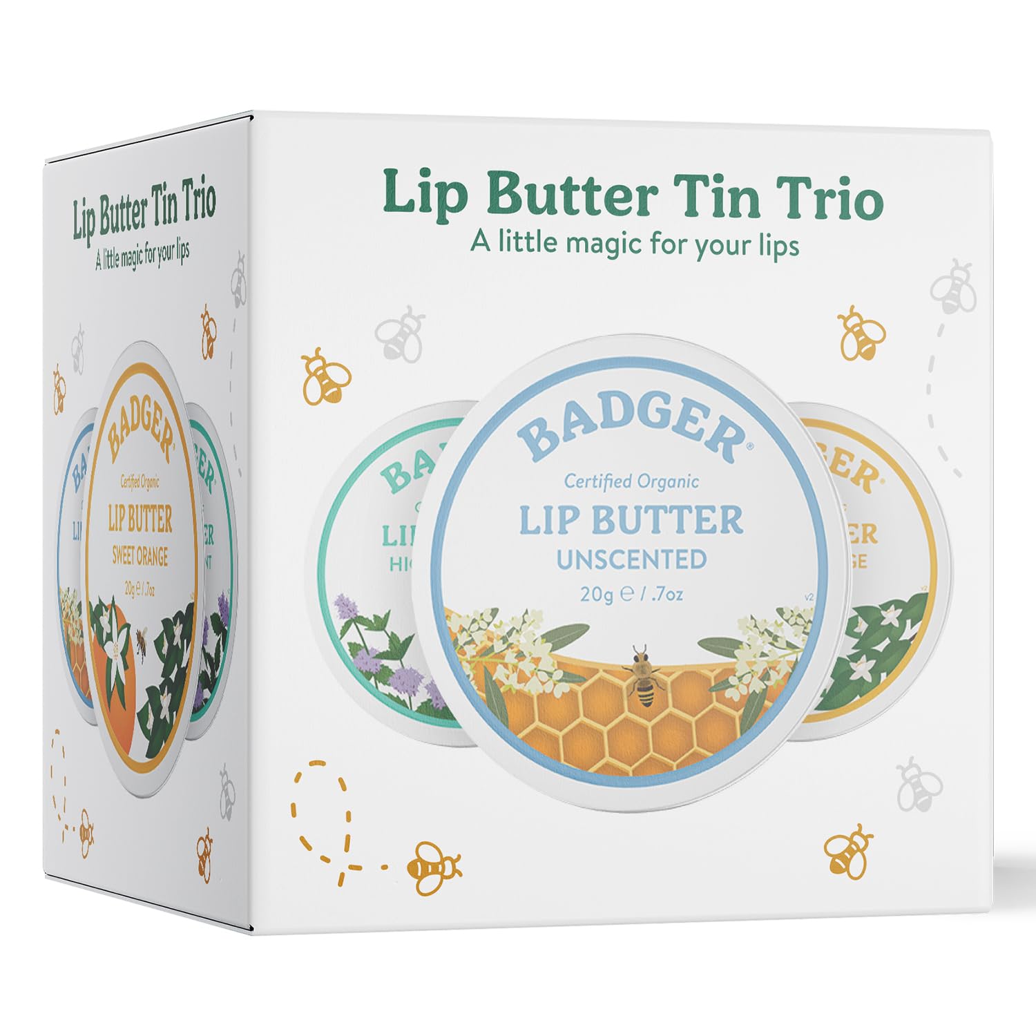 Badger - Lip Butter Trio Gift Box, Moisturizing Organic Coconut Oil, Beeswax, Sunflower - Contains 1 Unscented, 1 Sweet Orange, And 1 Highland Mint Lip Butter