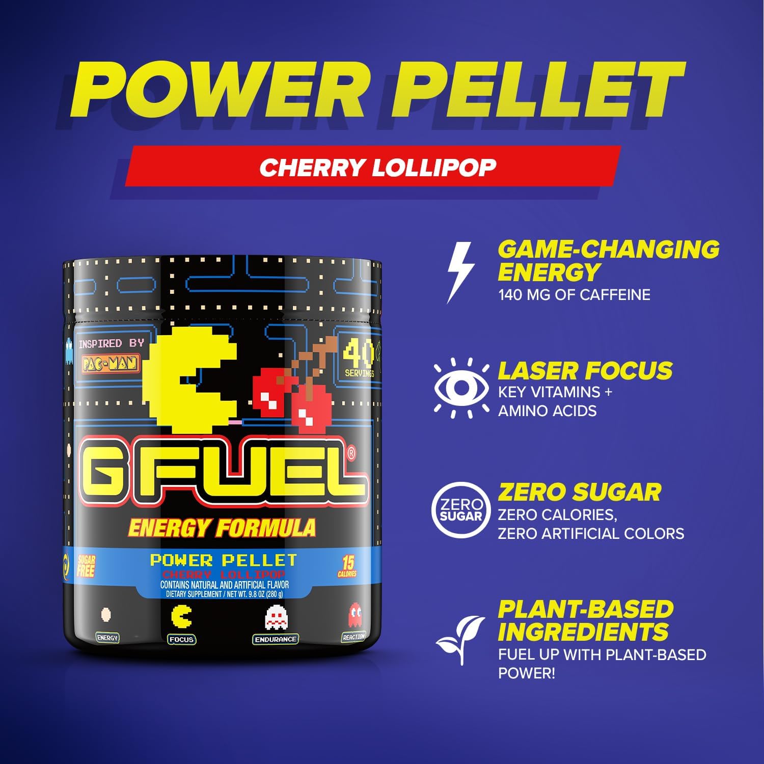 G Fuel Pac-Man Energy Powder, Sugar Free, Clean Caffeine Focus Supplement, Water Mix, Cherry Lollipop Flavor, Focus Amino, Vitamin + Antioxidants Blend, 9.8 oz (40 Servings) : Health & Household