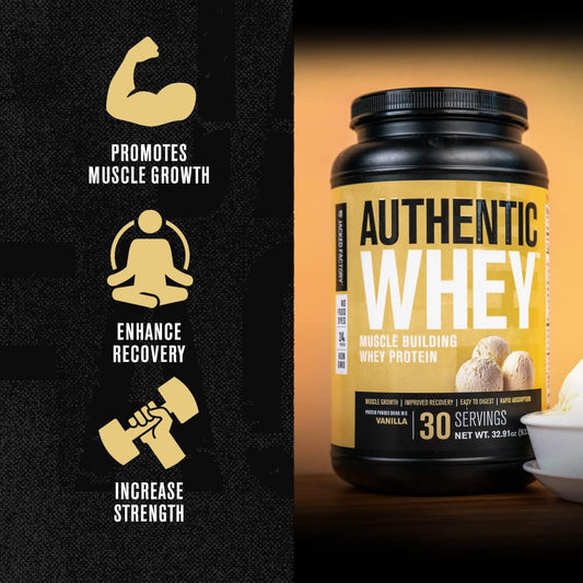 Jacked Factory Authentic Whey Muscle Building Whey Protein Powder - Low Carb, Non-Gmo, No Fillers, Mixes Perfectly - Vanilla Flavor