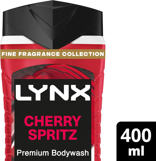 Lynx Fine Fragrance Collection Cherry Spritz Premium Body Wash Body Cleanser Shower Gel With A Cherry, Red Apple & Amber Scent For 12 Hours Of Freshness 400 Ml