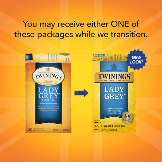 Twinings Lady Grey Black Tea Individually Wrapped Bags, 20 Count (Pack Of 6), Orange & Lemon Peel With A Hint Of Bergamot, Caffeinated, Enjoy Hot Or Iced | Packaging May Vary