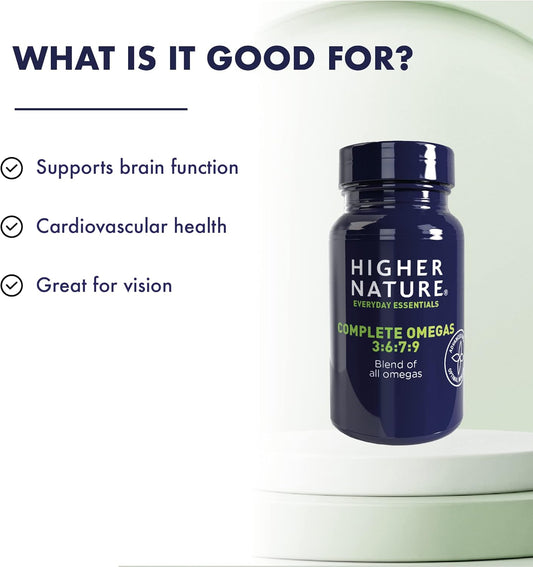 Higher Nature - Complete Omegas 3:6:7:9 - Fish Oils - Supports Vision, Brain Function & Cardiovascular Health - 240 Capsules