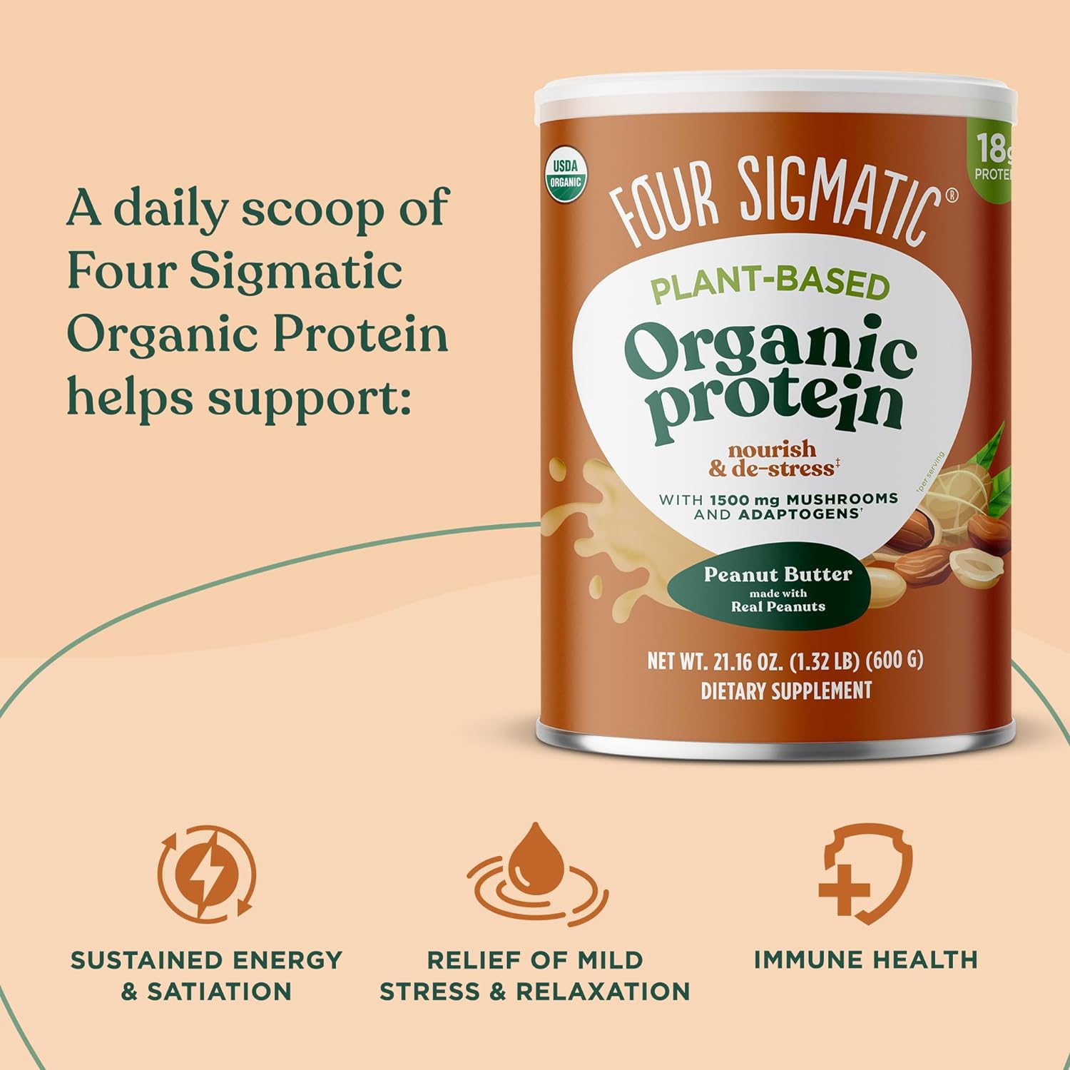 Four Sigmatic Organic Plant-Based Protein Powder Peanut Butter Protein with Lion’s Mane, Chaga, Cordyceps and More | Clean Vegan Protein Elevated for Brain Function and Immune Support | 21.16 oz : Health & Household