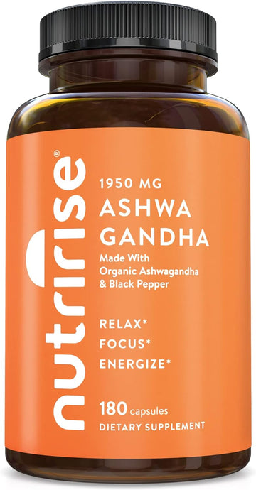 NutriRise Organic Ashwagandha Root Capsules with Black Pepper 1950mg, Natural Stress & Mood, Thyroid & Immune Support Supplement, Sleep Aid, Nootropic for Focus & Energy, Gluten Free, 180 Count