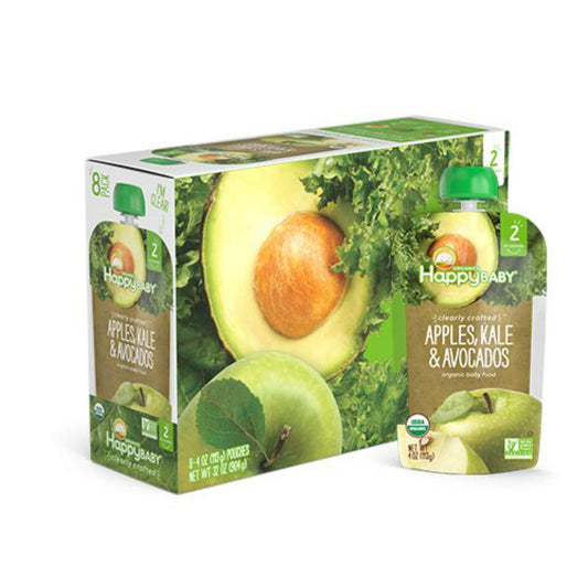 Happy Baby Organics Stage 2 Baby Food Pouches, Gluten Free, Vegan & Healthy Snack, Clearly Crafted Fruit & Veggie Puree, Apples, Kale & Avocadoes, 4 Ounces (Pack of 8) : Everything Else