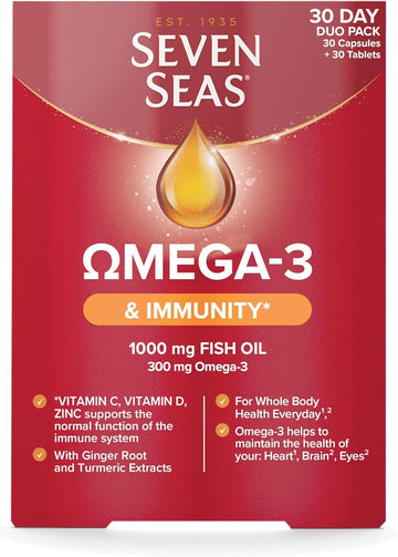 Seven Seas Omega-3 Fish Oil Immunity, 1000 Mg Fish Oil + 300 Mg Omega-3, 60 High Strength Tablets, 260 Mg Epa & Dha & Vitamin D, With Vitamin C & Zinc, Duo Pack: 30 Capsules + 30 Tablets
