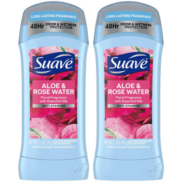 Suave Deodorant for Women, Aloe & Rose Water – Invisible Solid Antiperspirant Deodorant Stick, 48H Protection, Anti-Staining, Cruelty-Free, Scented, 2.6 Oz (Pack of 2)