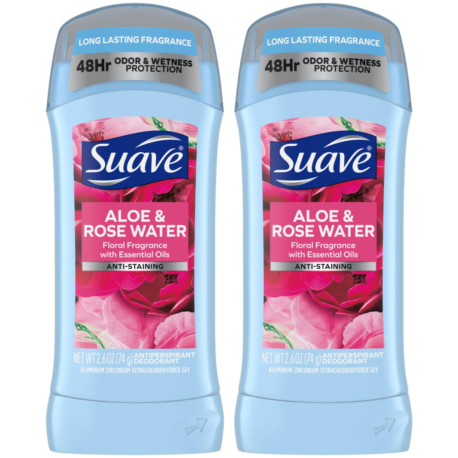 Suave Deodorant For Women, Aloe & Rose Water – Invisible Solid Antiperspirant Deodorant Stick, 48H Protection, Anti-Staining, Cruelty-Free, Scented, 2.6 Oz (Pack Of 2)