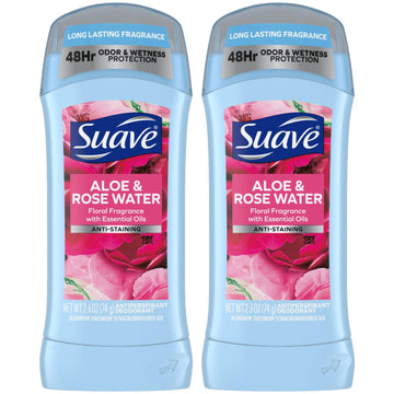 Suave Deodorant For Women, Aloe & Rose Water – Invisible Solid Antiperspirant Deodorant Stick, 48H Protection, Anti-Staining, Cruelty-Free, Scented, 2.6 Oz (Pack Of 2)