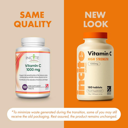 Vitamin C 1000Mg | 180 Premium Tablets (6 Month’S Supply) | High Dose Quality Ascorbic Acid | Suitable For Vegetarian & Vegans| Made In The Uk By Incite Nutrition®