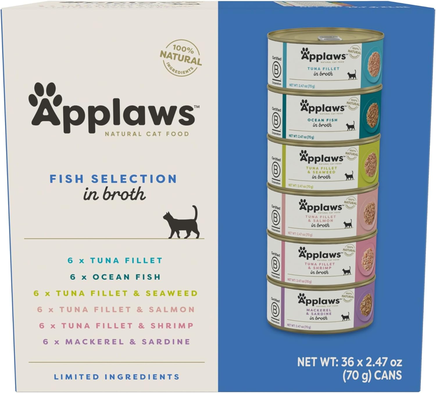 Applaws Natural Wet Cat Food In Broth, Limited Ingredient Canned Wet Cat Food, No Additives, Made With Natural Ingredients, Fish Selection In Broth (36 X 2.47Oz Cans)