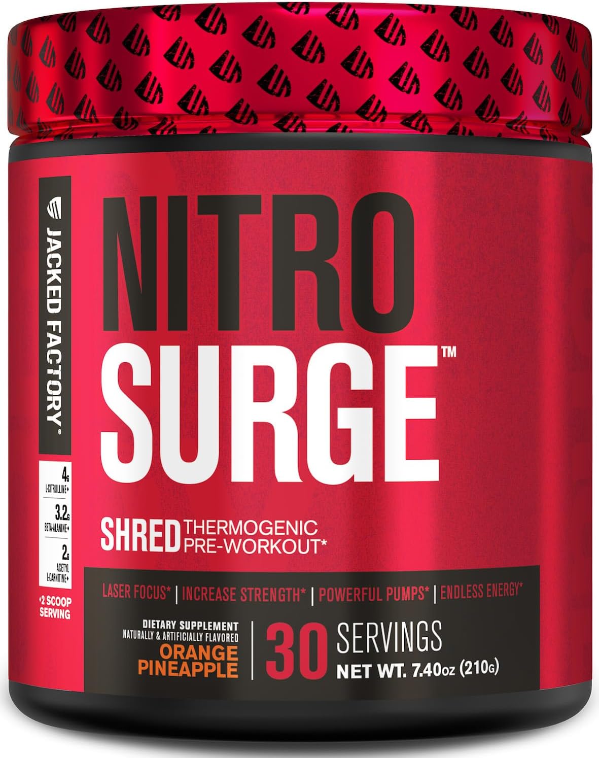 Jacked Factory Nitrosurge Shred Pre Workout Supplement - Energy Booster, Instant Strength Gains, Sharp Focus, Powerful Pumps - Nitric Oxide Booster & Preworkout Powder - 30Sv, Orange Pineapple