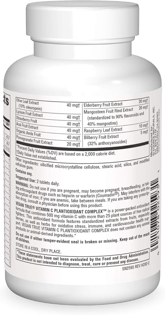 Source Naturals Vegan True Vitamin C Plantioxidant Complex, 500Mg Vitamin C With Over 25 Plant Derived Antioxidants* - 60 Tablets