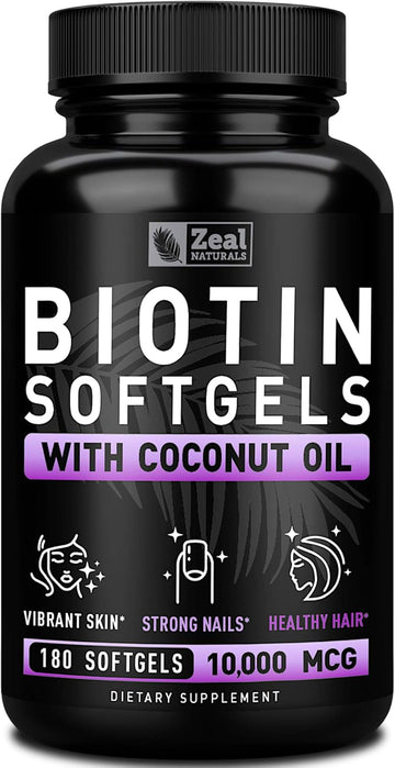 Zeal Naturals Biotin With Coconut Oil For Hair 10000Mcg (180 Softgels) Biotin Supplement - Biotin Pills For Hair Skin And Nails Vitamins For Women Biotin Capsules For Men Hair Growth 6 Mo Supply