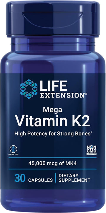 Life Extension Mega Vitamin K2 High Potency For Strong Bones – Daily Vitamin K2 Supplement For Healthy Bone Density Support & Heart Health – Non-Gmo, Gluten-Free – 30 Capsules