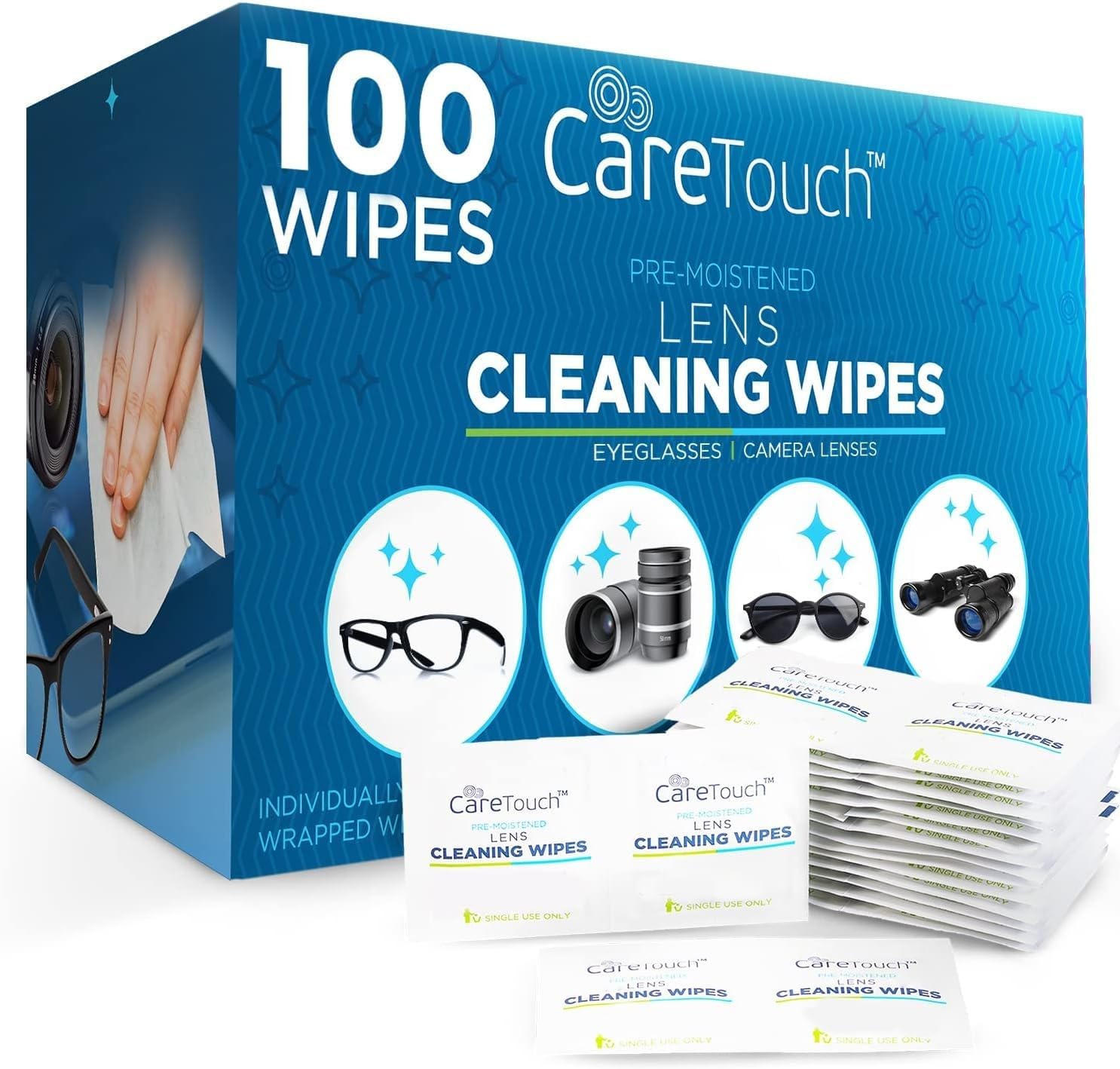 Care Touch Lens Wipes For Eyeglasses | Individually Wrapped Eye Glasses Wipes | 100 Pre-Moistened Lens Cleaning Eyeglass Wipes