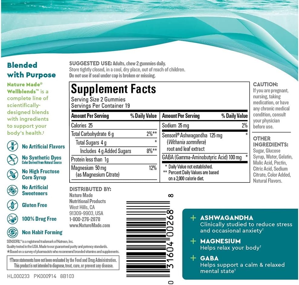 Nature Made Wellblends Calm Mind & Body, Magnesium Citrate, Ashwagandha 125mg & GABA 100mg Blend for Stress Relief, 38 Gummy Vitamins : Health & Household