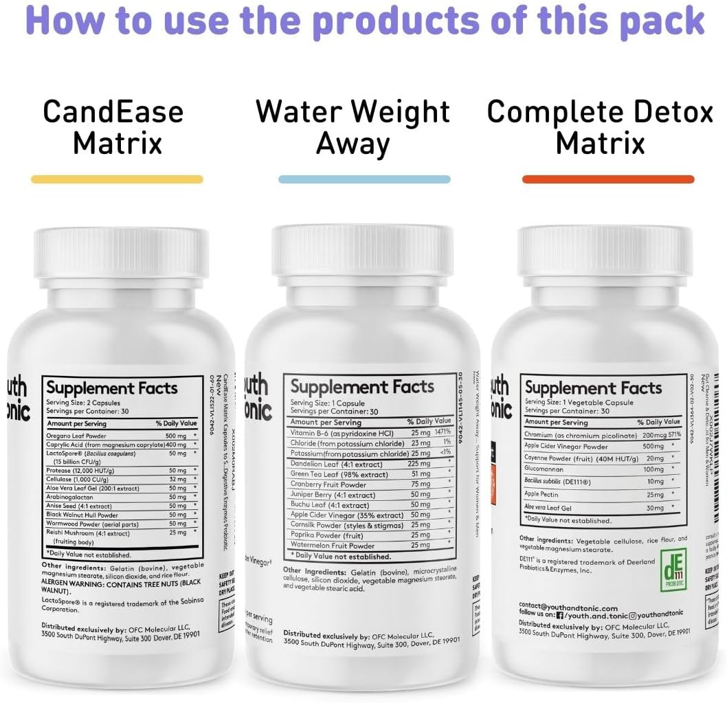 Whole Body Cleanse Detox Complete Matrix Pills | CandEase and Gut Cleanser and Water Away Bundle | Digestive System Cleansing Supplement Body Alkalize & Flush Out Excess Water to Help Detoxify : Health & Household