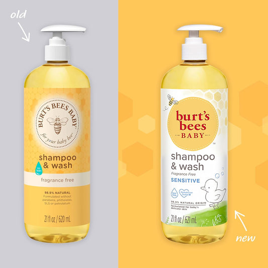 Burt's Bees Baby Shampoo and Wash Set, Fragrance Free, 2-in-1 Natural Origin Plant Based Formula for Sensitive Skin, Hypoallergenic, Tear-Free, Paraben Free, Pediatrician Tested, 21 oz Bottle