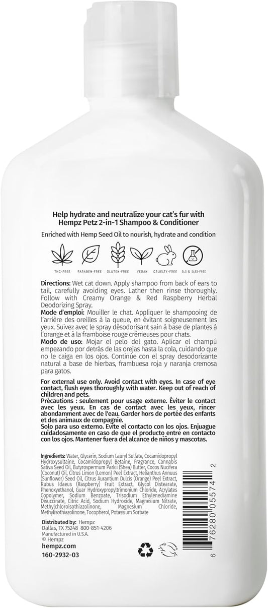 Hempz Petz, Cat Shampoo & Conditioner, Creamy Orange & Red Raspberry 2 In 1 Shampoo & Conditioner 17 Oz