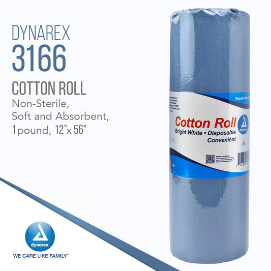 Dynarex Cotton Roll, Non-Sterile, Soft And Absorbent Cotton, Perfect For Estheticians And Multiple Uses, 12” X 56", White, 1 Case Of 25 Rolls