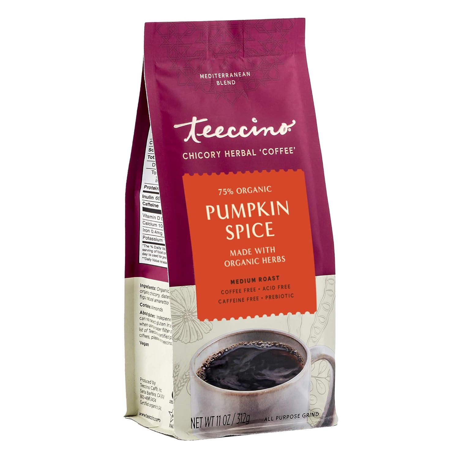 Teeccino Chicory Coffee Alternative – Pumpkin Spice – Fall’S Favorite Hot Beverage That’S Prebiotic, Caffeine-Free & Acid Free, Medium Roast, 11 Ounce