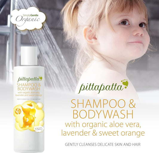 Pittapatta Organic Natural Baby Shampoo And Body Wash, By Simply Gentle - Moisturising Body Wash With Cleansing Agents - Baby-Safe With Lavender, Chamomile & Aloe Vera - (250Ml)