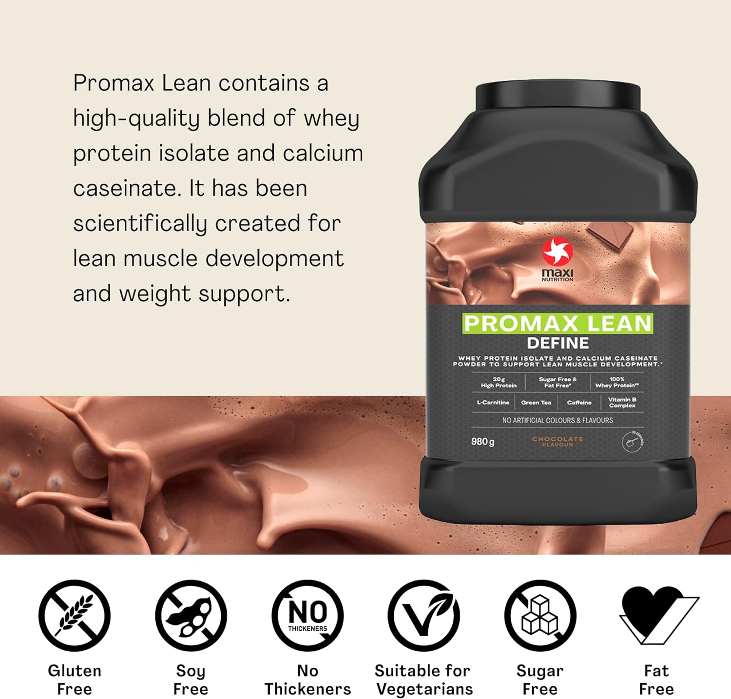 MaxiNutrition - Promax Lean, Chocolate - Whey Protein Powder for Lean Muscle Development – Sugar free, Fat Free, 28g Protein, 128 kcal per Serving, 980g