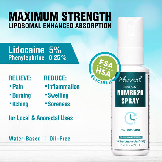 Ebanel 5% Lidocaine Spray Pain Relief Numb520 Numbing Spray with Phenylephrine, Topical Lidocaine Anesthetic Pain Relief Spray with Arginine, Allantoin, Secured with Child Resistant Cap, 2.4 Fl Oz